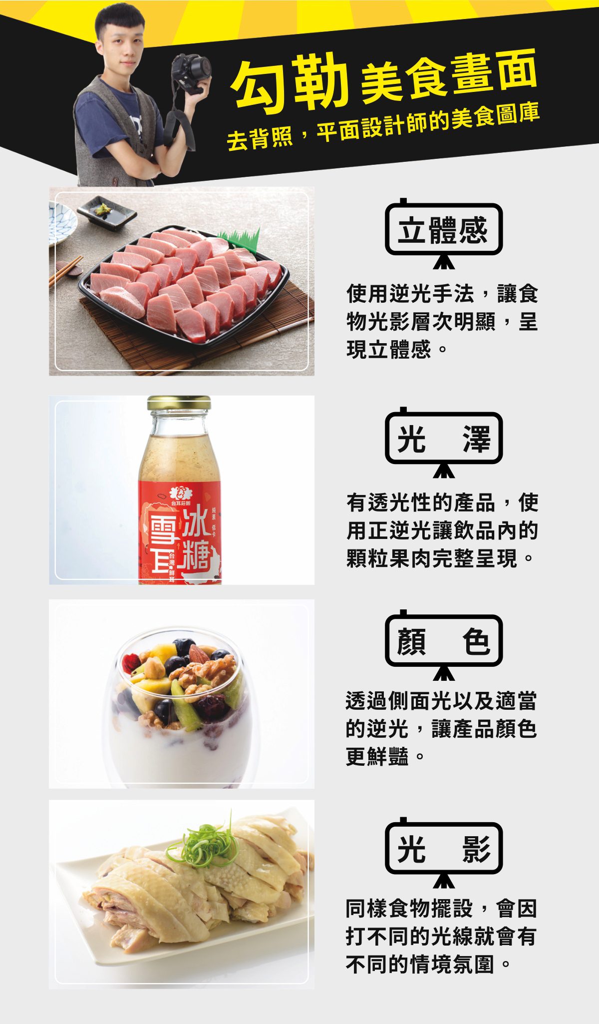 勾勒美食畫面，我們專為平面設計師打造高品質的去背照與美食圖庫。透過專業的用光技巧，我們能為食物賦予生命：使用逆光手法營造豐富的「立體感」，讓食物光影層次分明；面對有透光性的產品，則運用正逆光展現迷人的「光澤」，讓飲品內的顆粒果肉完整呈現。為了讓產品「顏色」更鮮豔，我們精準控制側面光與逆光的比例；同時靈活運用「光影」變化，讓同樣的食物擺設，也能因應不同光線切換出多樣的情境氛圍，為您的設計提供最到位的影像素材。