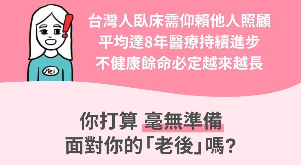 台灣人臥床需仰賴他人照顧，平均達8年。醫療持續進步，不健康餘命必定越來越長。你打算毫無準備面對你的老後嗎？