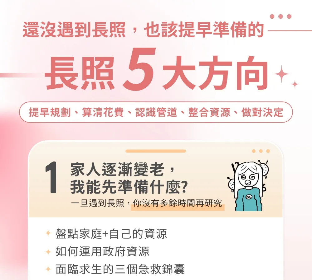 還沒遇到長照，也該提早準備的：長照 5 大方向 提早規劃、算清花費、認識管道、整合資源、做對決定 1.家人逐漸變老，我能先準備什麼？一旦遇到長照，你沒有多餘時間再研究:盤點家庭+自己的資源、如何運用政府資源 、面臨求生的三個急救錦囊