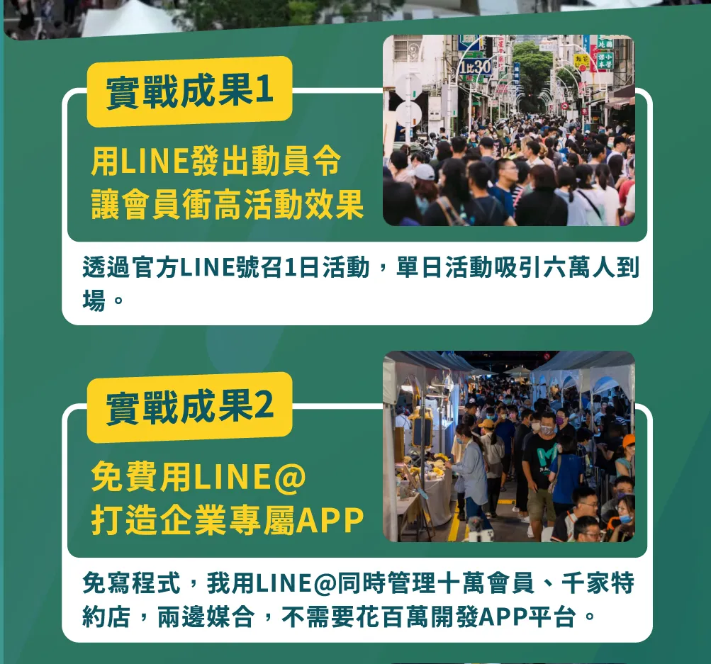 展示前兩大實戰成果：成果 1 為利用 LINE 發出動員令，召召單日活動吸引六萬人到場，讓會員衝高活動效果；成果 2 為免費用 LINE 打造企業專屬 APP，不需花百萬開發程式即可同時管理十萬會員與千家特約店，達成媒體媒合效益。